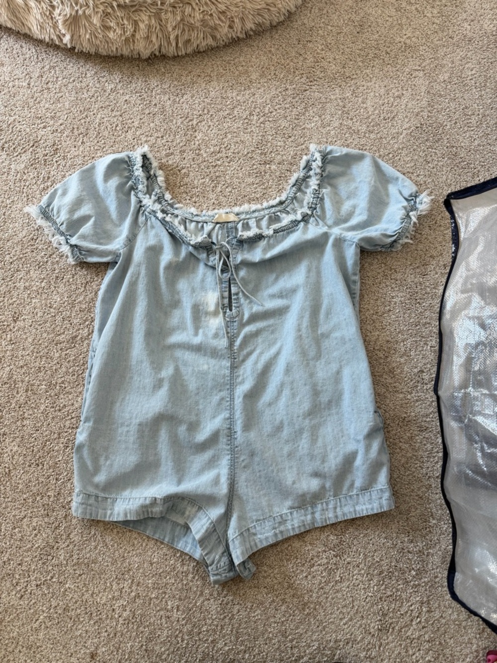 Free People We the Free Light Blue Denim Romper with Fringe Neckline